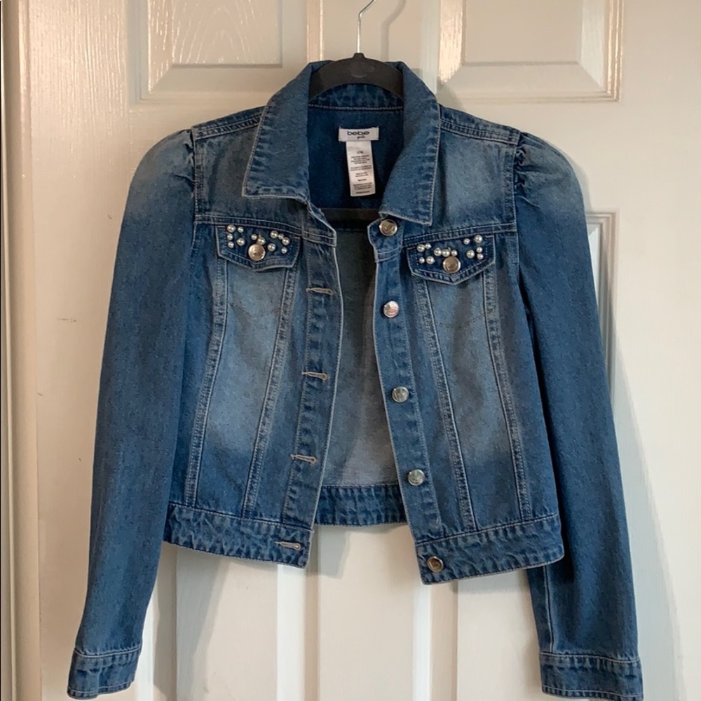 Bebe Girls denim jacket with pocket pearl detail